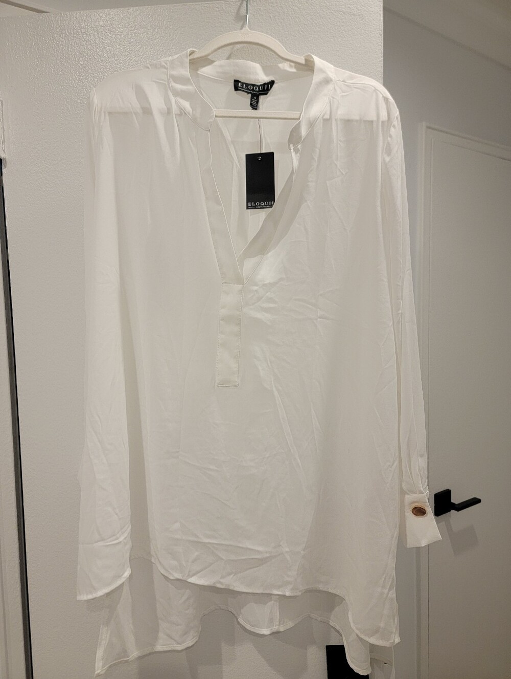 Eloquii Hi-Low Mandarin Collar White Long-Sleeve Blouse